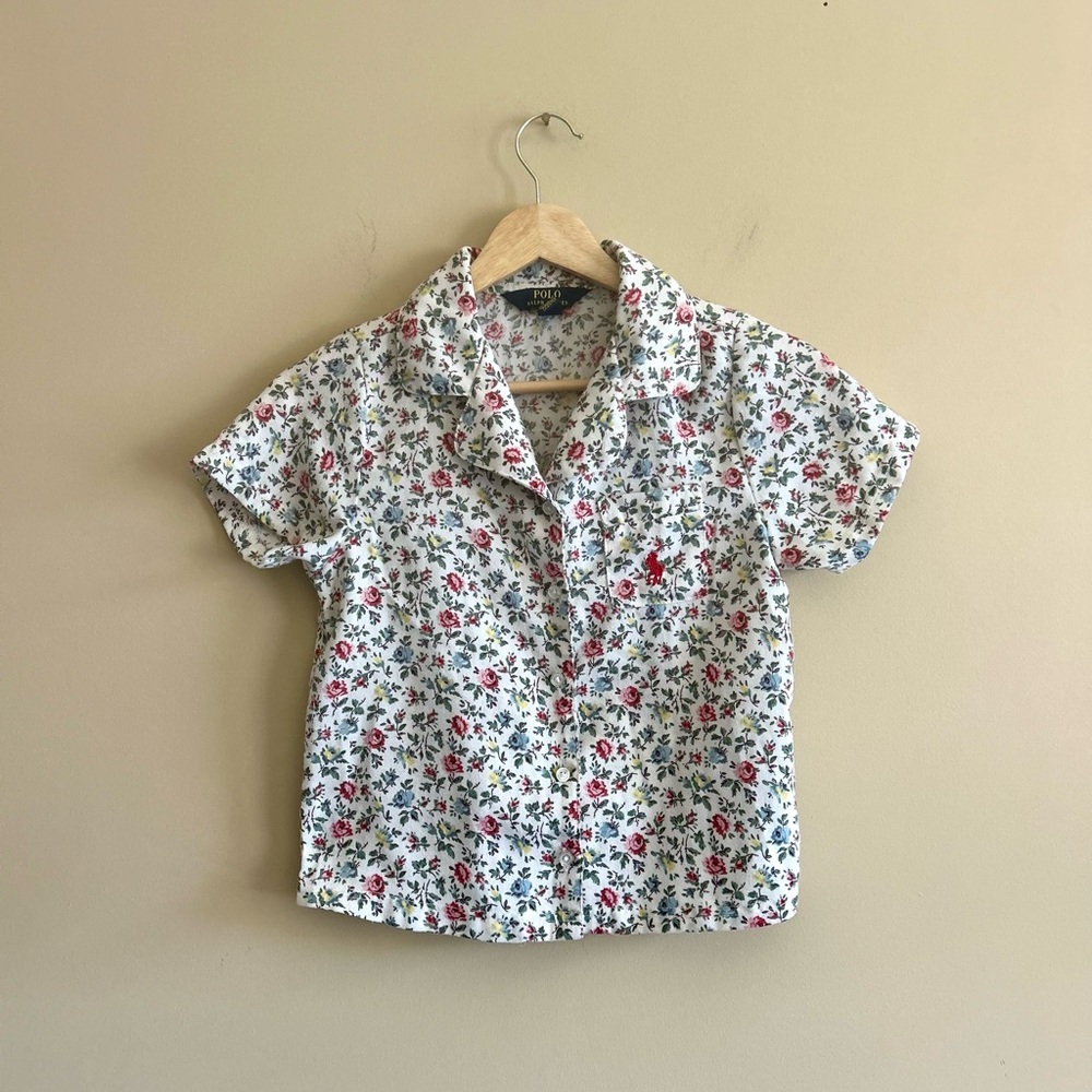 Kids Ralph Lauren White and Pink Floral Button Down Shirt, Size 7